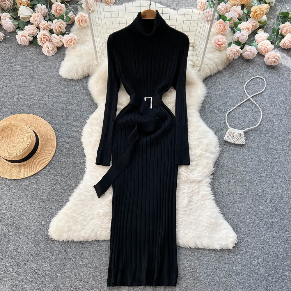 Babs Green Winter Turtleneck Sexy Women Dress Autumn Long Sleeve Skinny Macy  Bodycon Casual Sweater With Belt Party Club