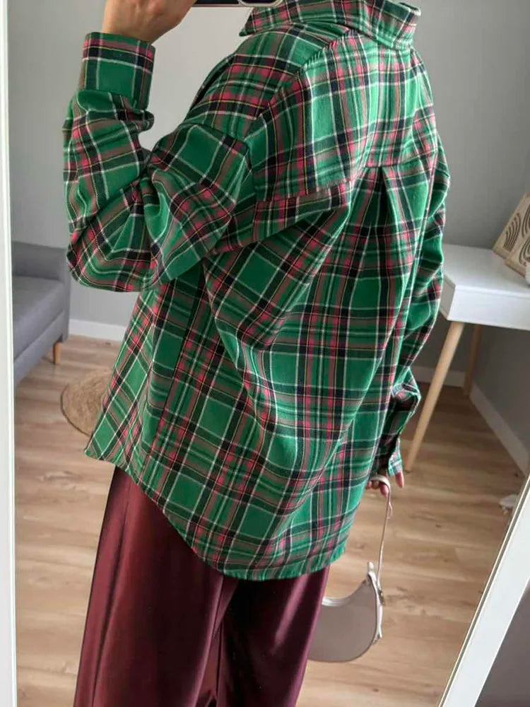 Maxy Green Vintage Plaid Shirt Women Oversize Top Long Sleeves Autumn Winter Loose Women's Shirt And Blouses Oversized