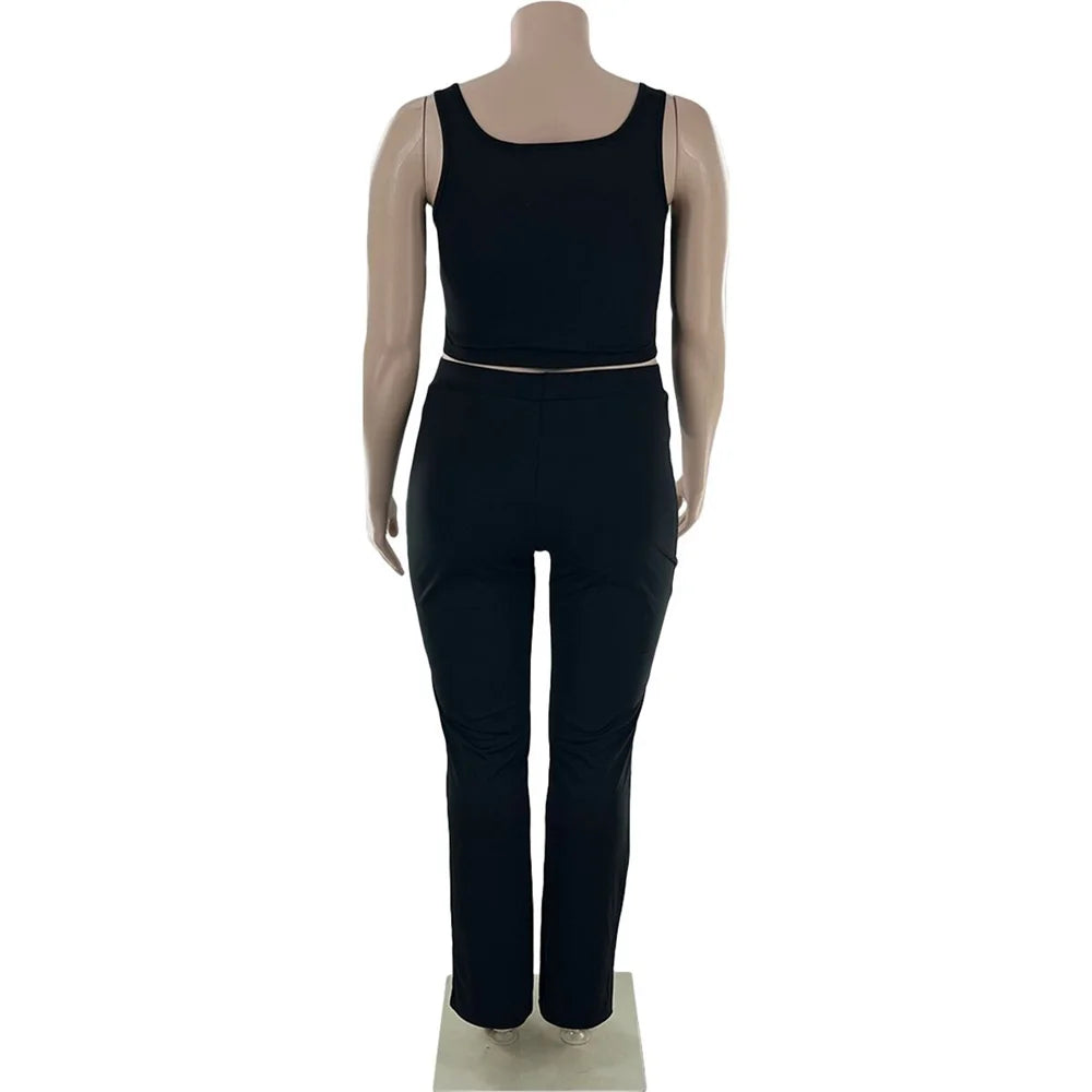 Maxy Plus Size Women Clothing 2 Piece Outfits Summer Bandage Top Flared Pants Fashion Matching Sets