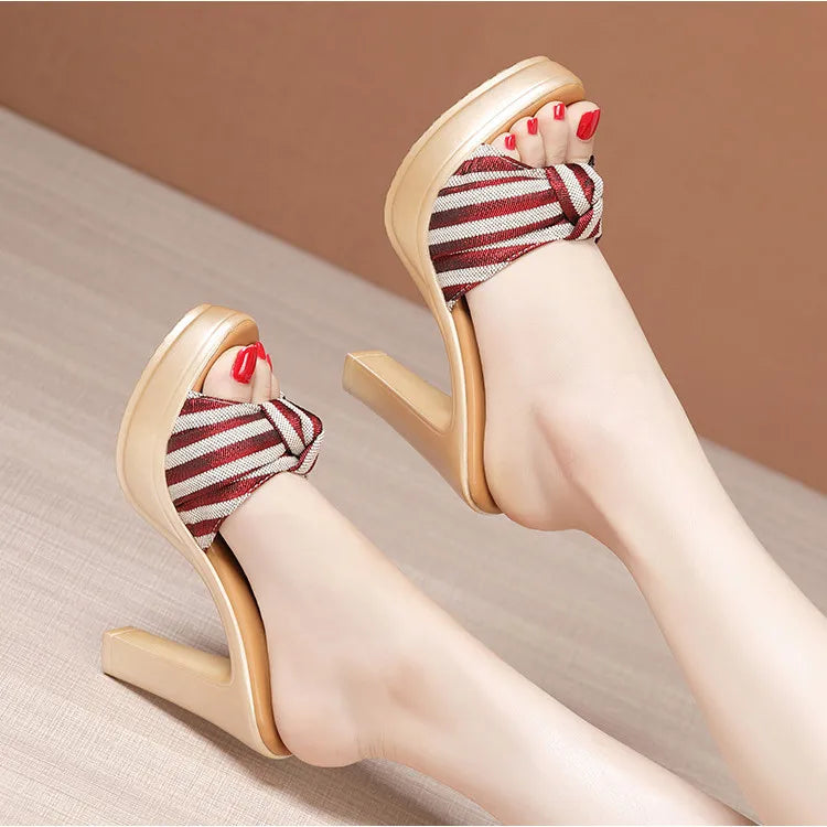 Big Size Gacy 32-43 Open Head Bow Stripe Slides Women Shoes Sumer 2024 High Heels Slippers Ladies Office Beach Slippers