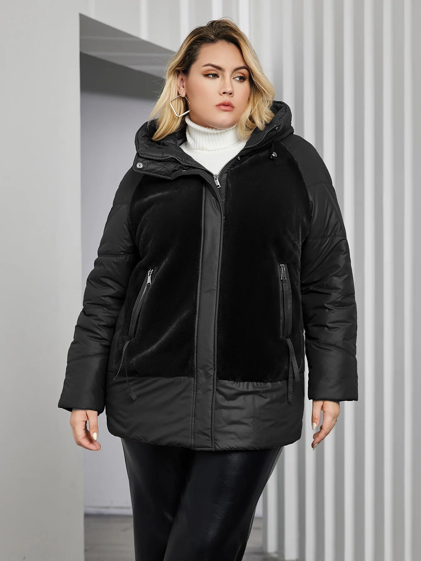 GACY Plus Size Winter Jacket Women Faux Fur Stitching High Quality Wool Warm Fashion Women's Parka Female Plush Coat Hooded