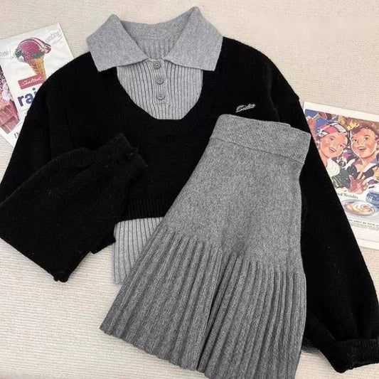 Vintage Knit Sweater Vest Denim Midi Skirt 3 Piece Suit Women 2024 New Autumn Winter Korean Elegant Pullover Dress Matching Set