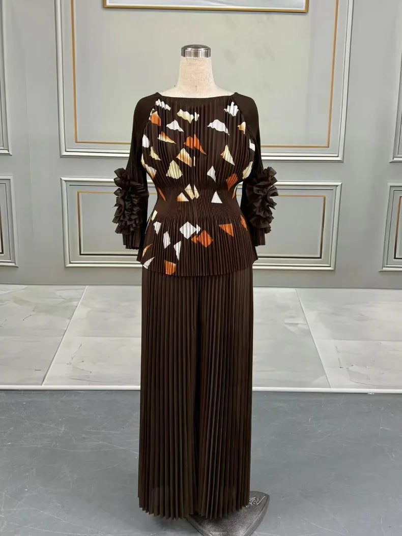 Maxy Pleated Print Pants Set Women O-Neck 3D Flowers T Shirt + Wide Leg Trousers Loose New 2025 Female Two Piece Sets