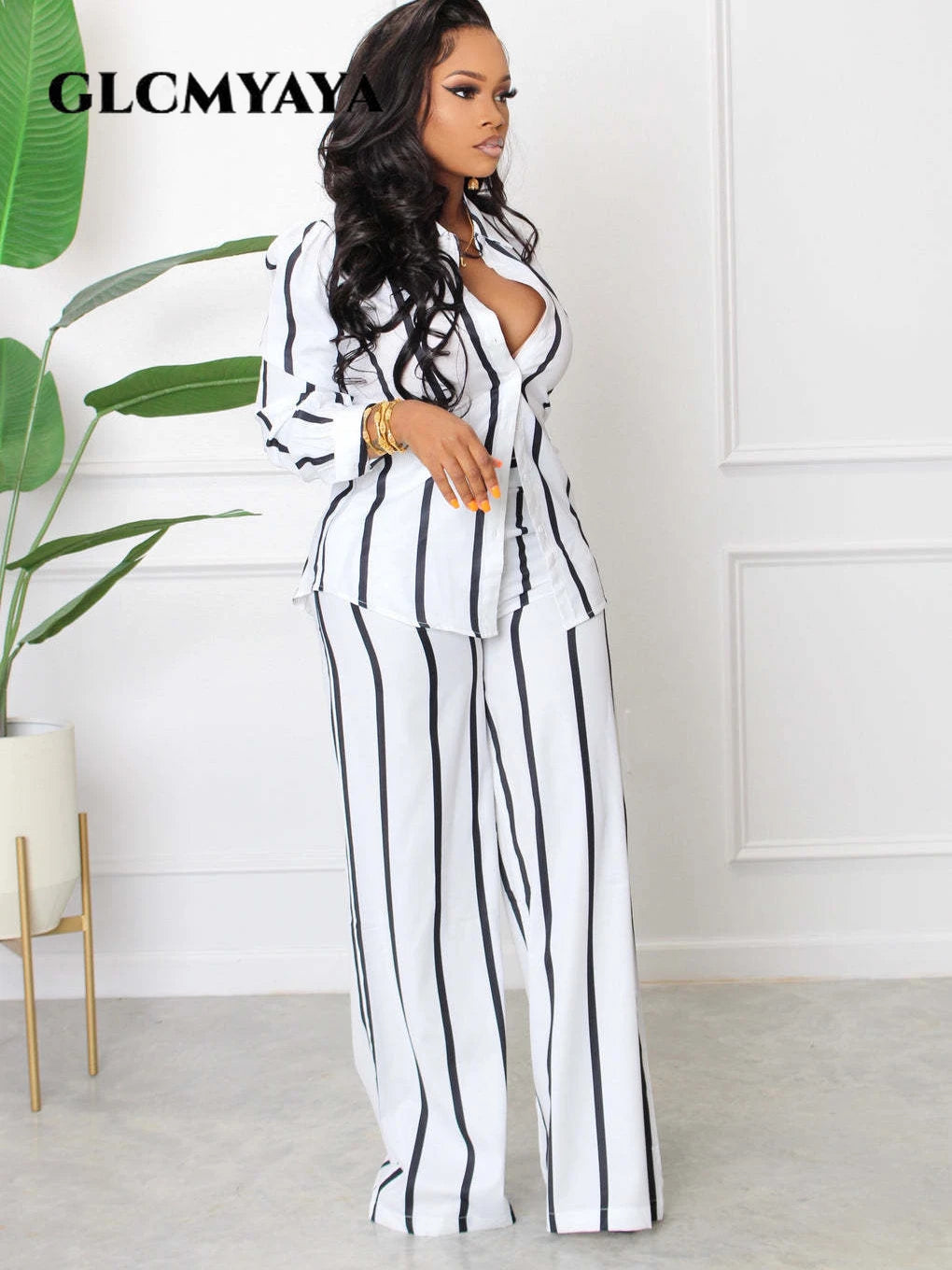 Maxy Street Striped Women Set Long Sleeve Shirt and Straight Pants Suit Elegant Chic Tracksuit Two Piece Set Fitness Outfit