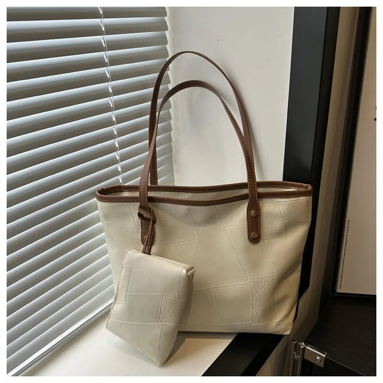 Maxy Vintage Patchwork PU Leather Casual Tote Bags For Women, Large Capacity Shoulder Bag Ladies Handbags And Purses