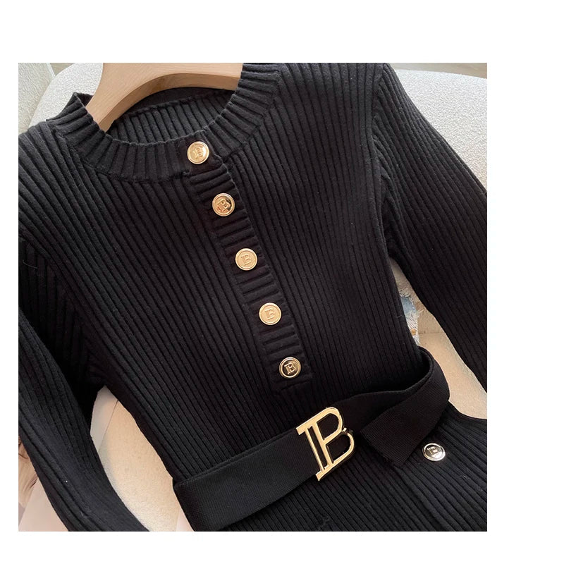 Maxy YuooMuoo Autumn Winter Women Knitted Dress Brand Fashion O-neck Buttons Bodycon Sweater Dress with Belt Lady Office Dress