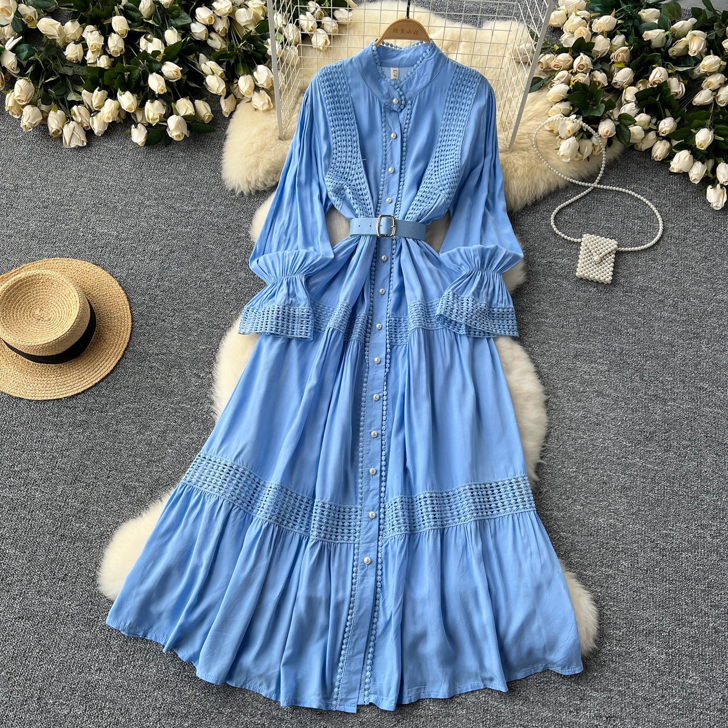 Maxy Elegant summer Flare Sleeve Single Breasted lace PATCHWORK Dress A-line Vacation Party Women dresses