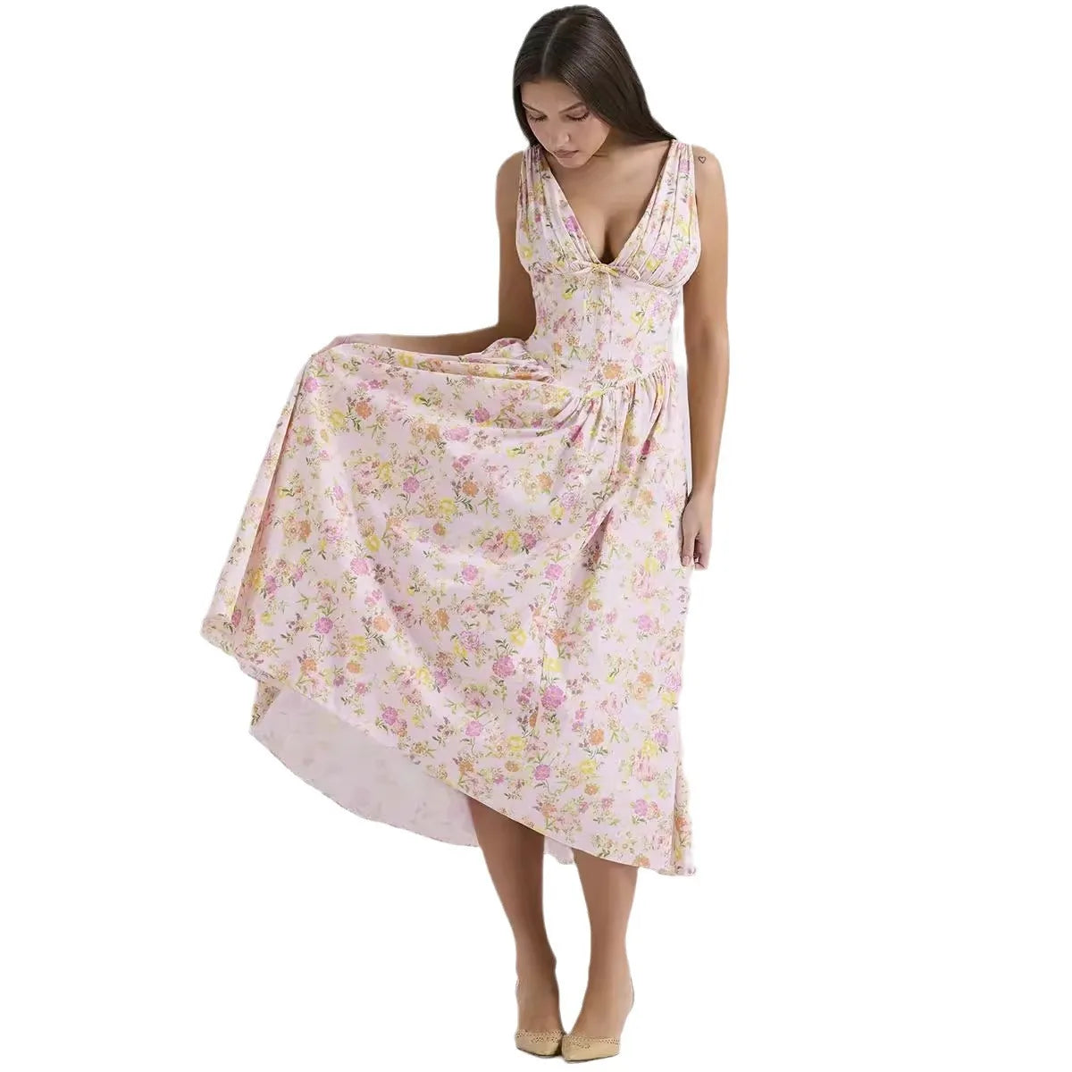 Maxy New Arrivals Summer Elegant Floral Print Women Dress Long A Line Casual V-neck Sleeveless High Waist Daily Dress