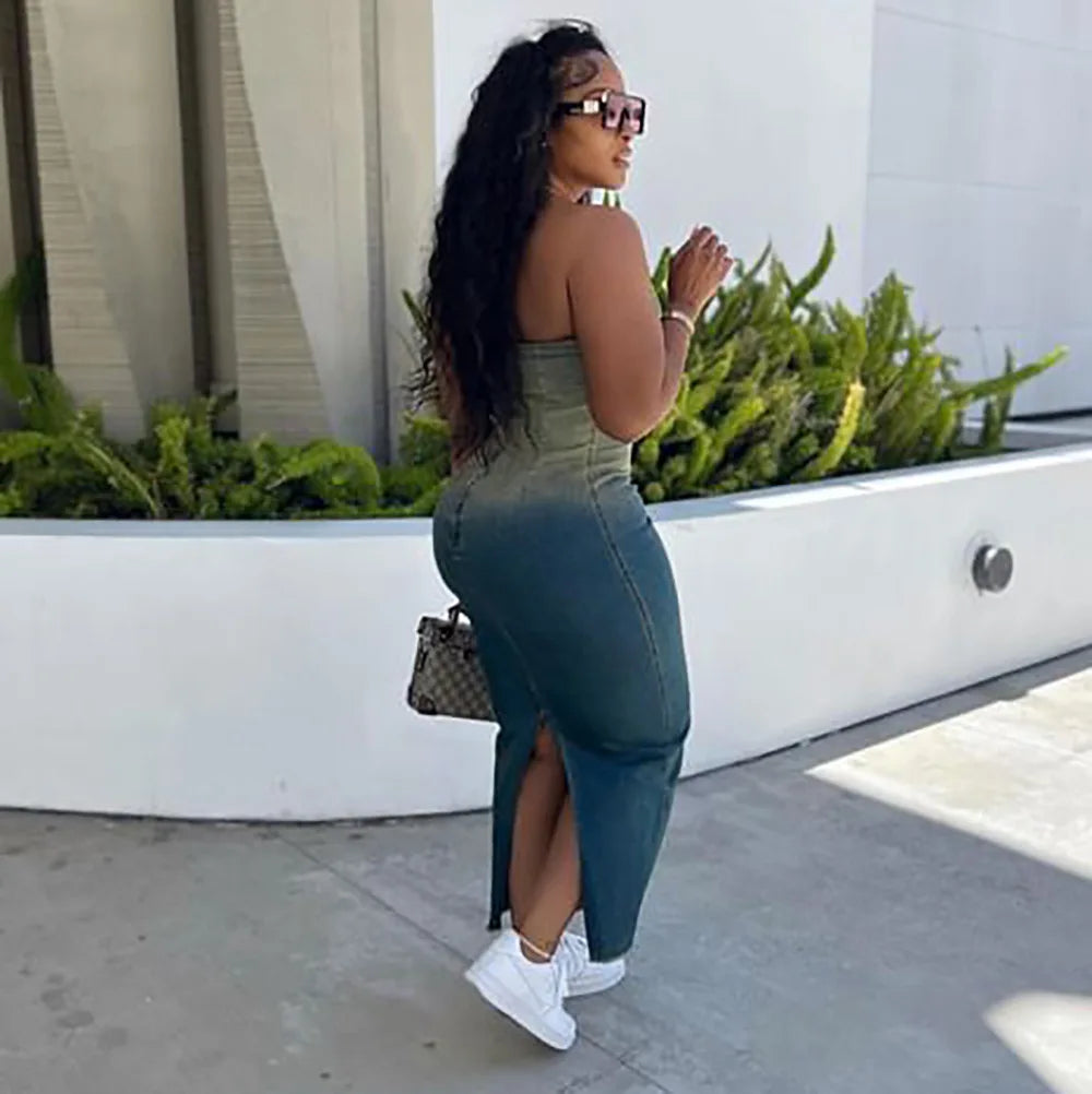 Maxy Summer Gradient Women's Denim Dress Fashion Corset Sleeveless Sexy Backless Slim Women's Slit Long Dresses Stretch Jeans