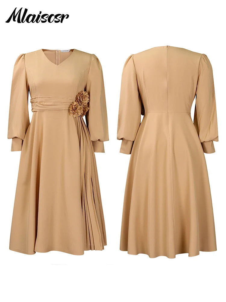 Maxy Elegant Pink A Line Loose Mid Dress for Women V Neck 3D Flower Design Puff Sleeve Office Evening Birthday dress