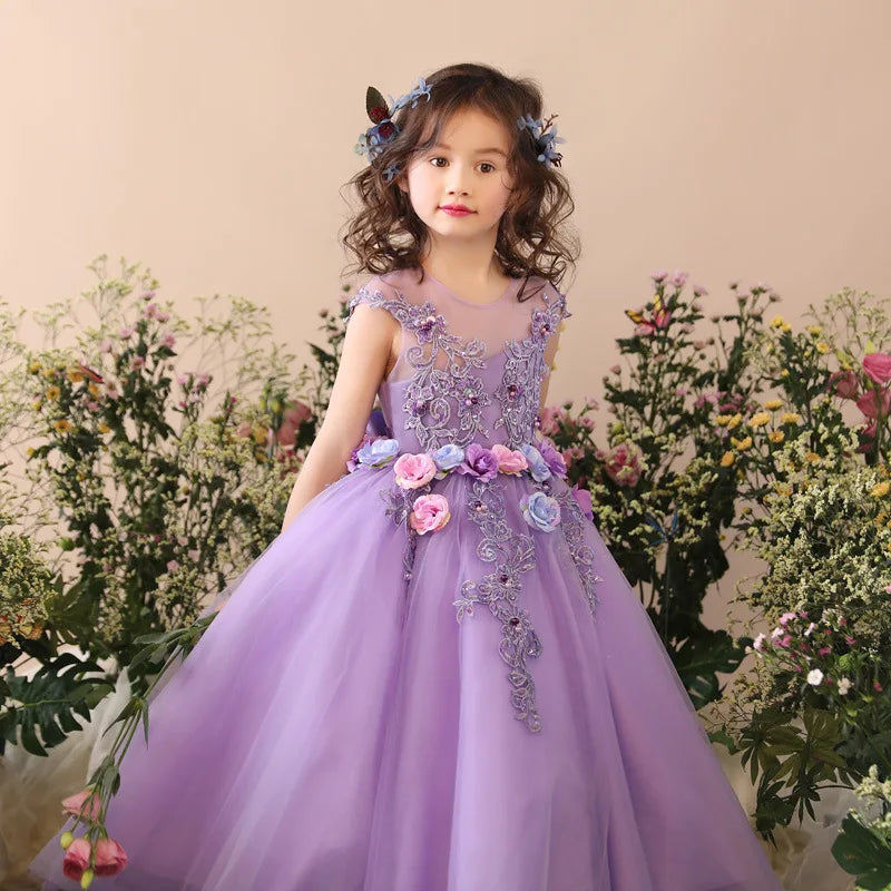 Macy Princess Kid Girls Prom Elegant Dress Tulle robe de Princess Tutu Piano Costume Purple Birthday Party Christmas Easter Host Dress Clothes