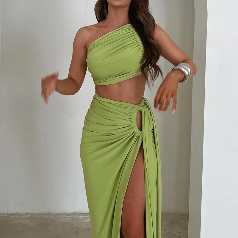 Maxy Hollow Out Sexy Two-Piece Set Women One Shoulder Crop Top and Skirt Matching Sets Femme Bodycon Skirt Sets