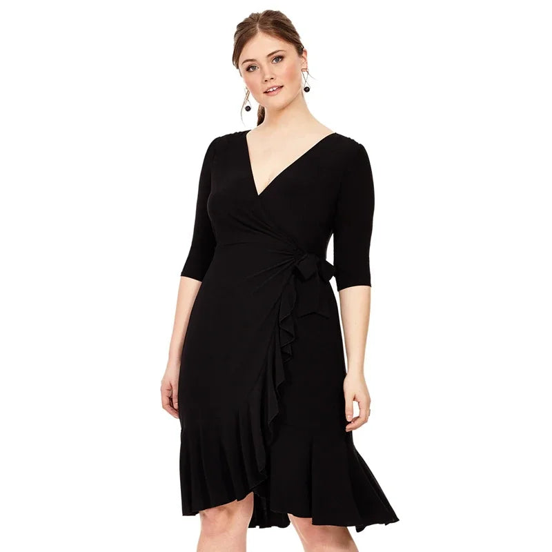 Maxy Plus Size Sexy V-neck Elegant Wrap Summer Dress Women Ruffle Trim Tie Back Half Sleeve A-line Work Dress Large Size Party Dress