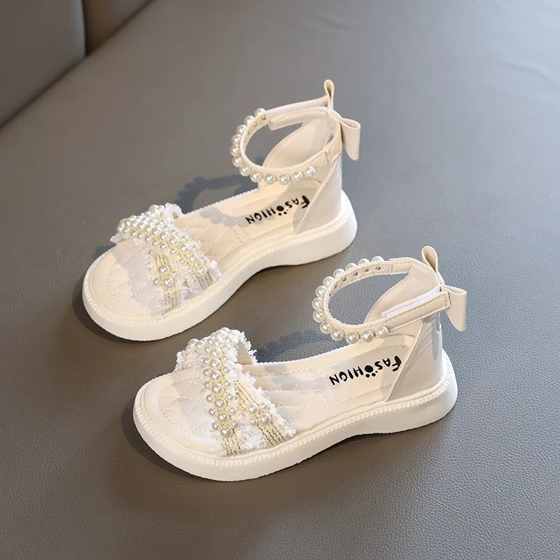 MaxyGirls Sandals 2024 New Summer Princess White Party Sandals Pearls Platform Baby Casual Beach Shoes Non-slip Flats with Bowknot