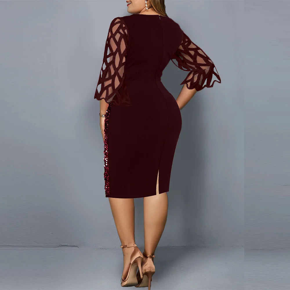 Maxy Women Sequins Lace Evening Party Dress 3/4 Sleeves Plus Size Mid-Calf Elegant Cocktail Formal dress
