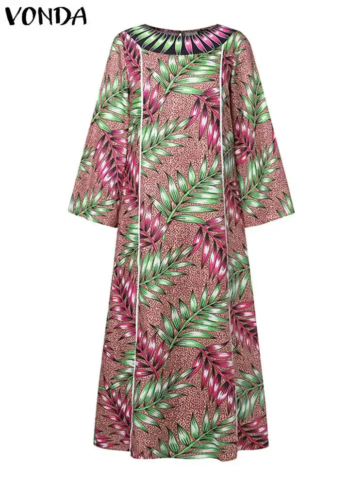 Maxy Plus Size 5XL VONDA Women Bohemian Printed Maxi Dress Long Sundress Long Flare Sleeve Casual Loose Elegant Party Robe