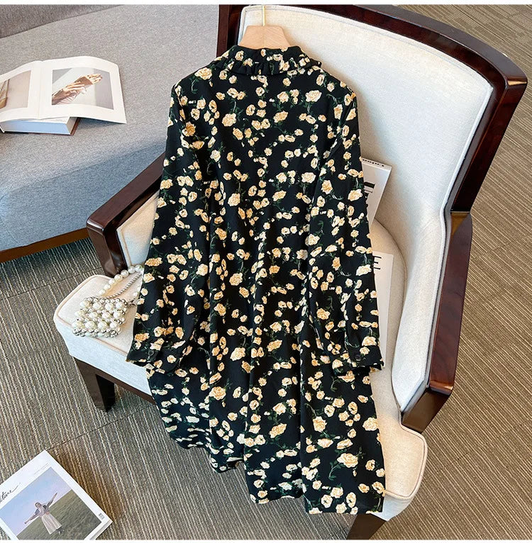 Momsey150Kg Plus size Women's Bust 150 Spring Autumn New Loose Long-Sleeved Lapel Floral Shirt-Dress Black 5XL 6XL 7XL 8XL 9XL