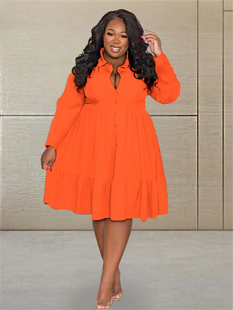 Maxy Plus Size Dresses Women Clothing Solid Long Sleeve Elegant Casual Cute Ball Gown Shirts Mini Dress