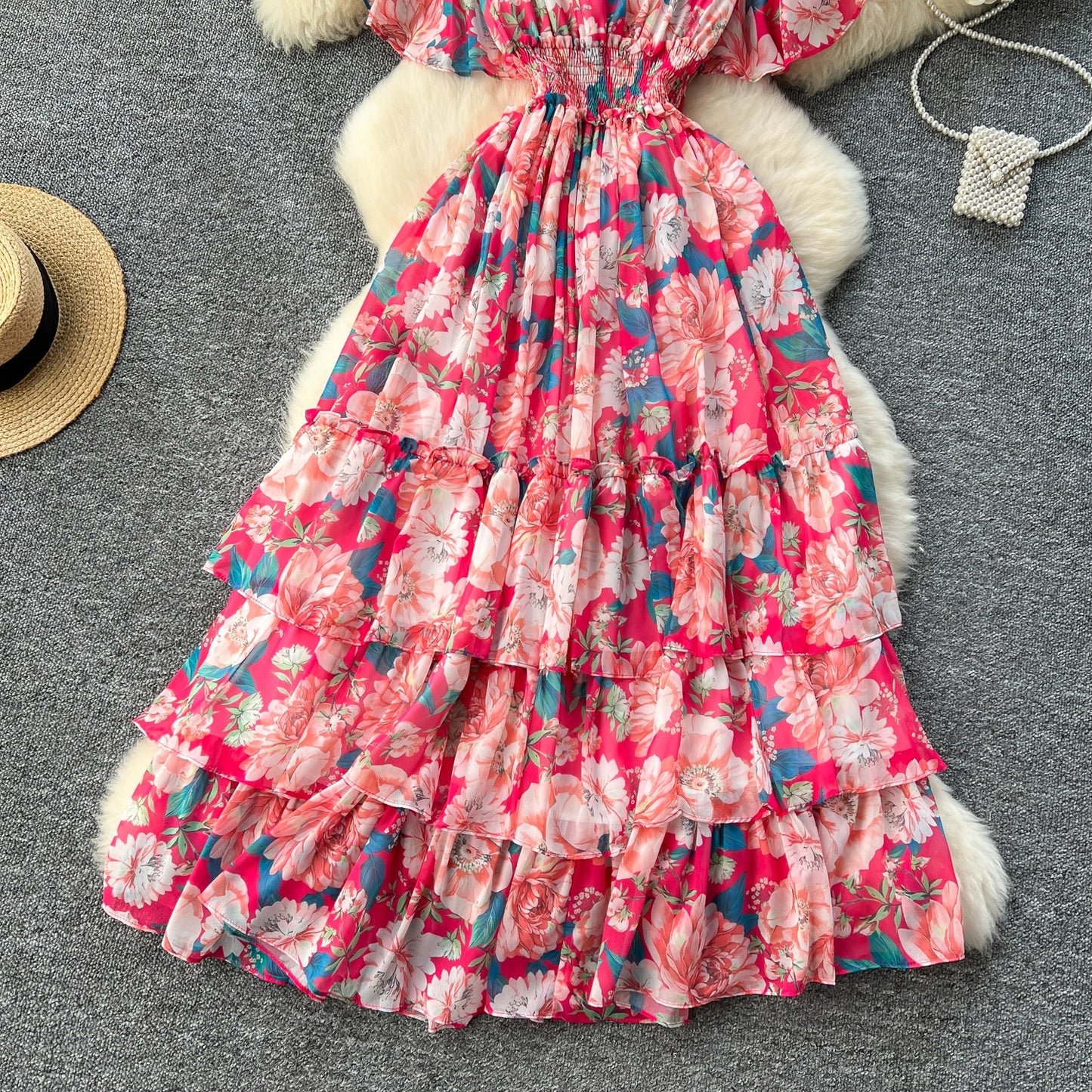 Maxy v neck Butterfly sleeve print elegant summer Dress A-line Flare Sleeve Vacation print Women dresses