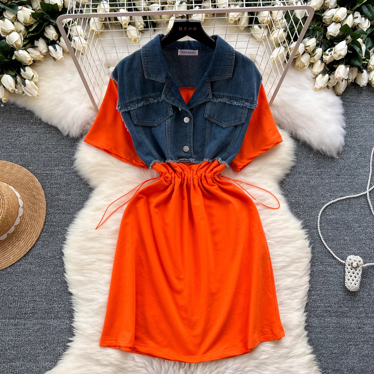 Women Casual Shirt Dress Korean Summer Short Sleeve Patchwork Denim Short Dresses Female Slim Drawstring High Waist Dress