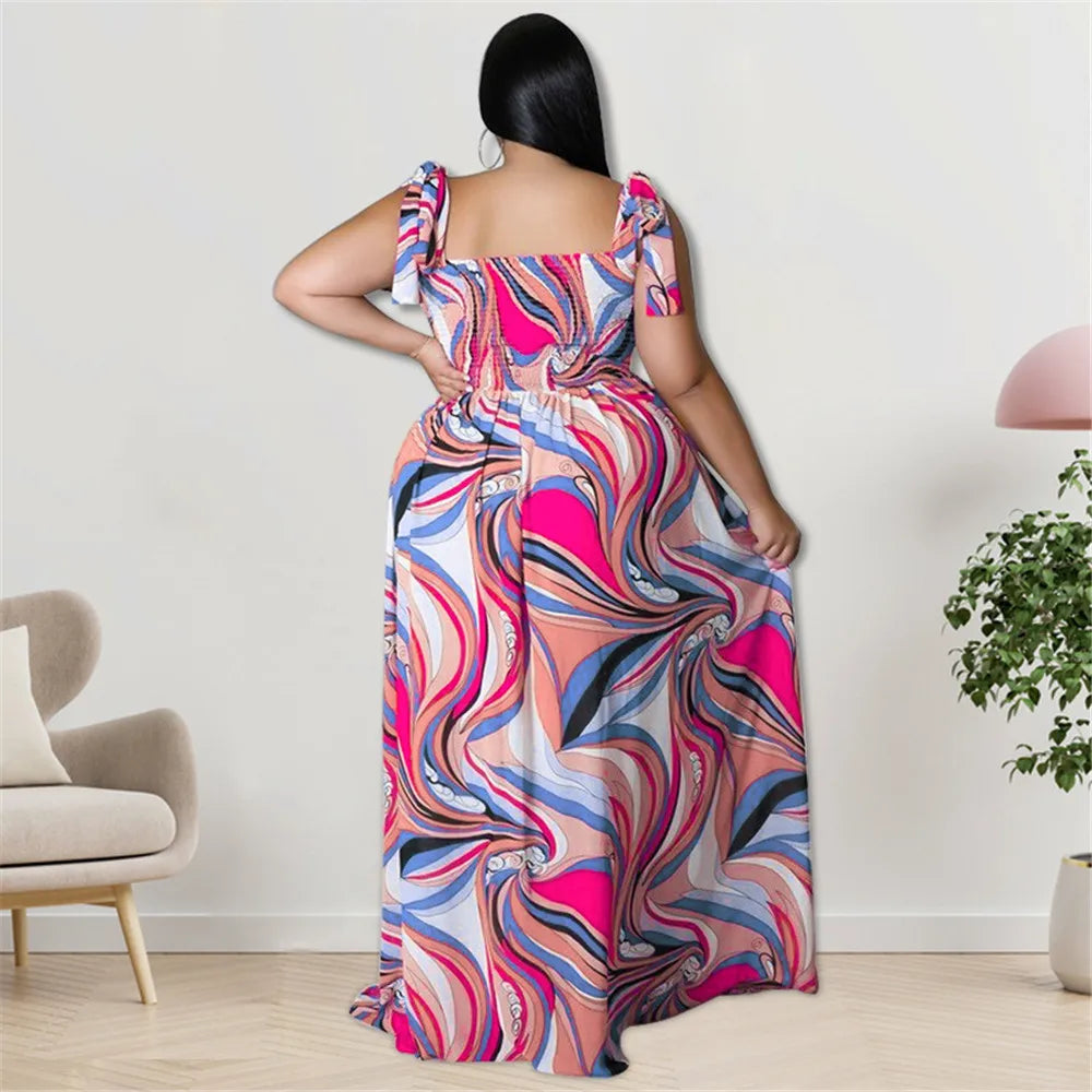 Maxy Plus Size Summer Dress Women's Clothing Flower Printed Slip Bandage Elegant Mini Dress Hot Sale