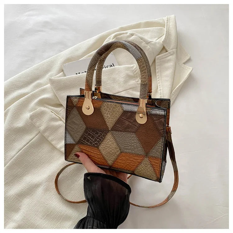 Maxy Fashion Patchwork Leather PU Top-handle Bags For Women, Square Design Ladies Handbags Crossbody Shoulder Bags For Daily Used