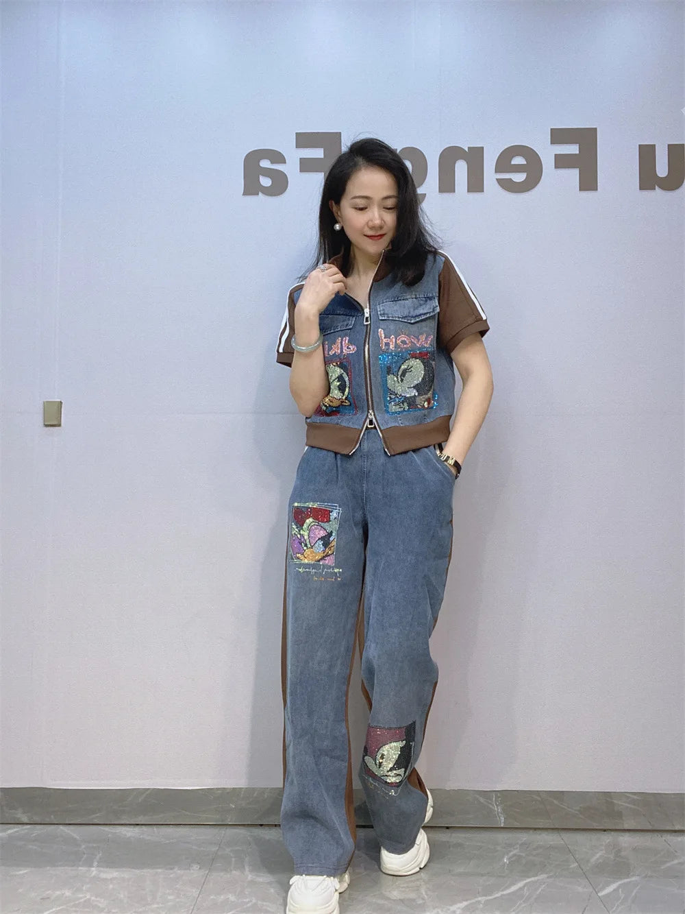 Maxy Short Zipper Cardigan and Pant Two-piece Sets Women Summer Fashion Sportswear Short Sleeve Top Long Pants Hot Diamond Denim Suit