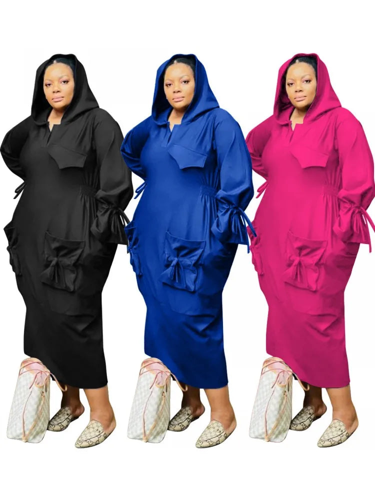 Maxy 5XL 4XL Plus Size Clothes Dresses Women Ruffle Robes Summer Autumn Loose Street Style Casual Big Size Hooded Maxy Dress