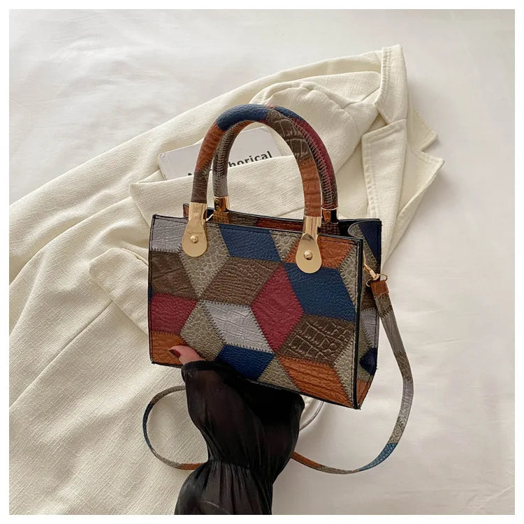Maxy Fashion Patchwork Leather PU Top-handle Bags For Women, Square Design Ladies Handbags Crossbody Shoulder Bags For Daily Used