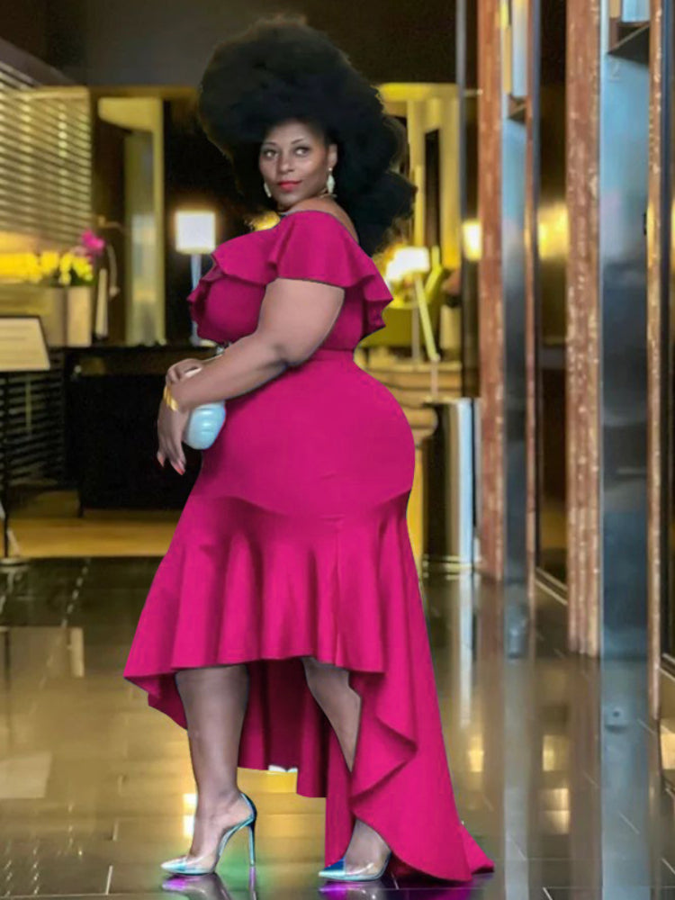 Cold Shoulder Macy Ruffles Dress Plus Size Trim Empire Package Hip Irregular Elegant Ladies Evening Birthday Event Occasion Outfits