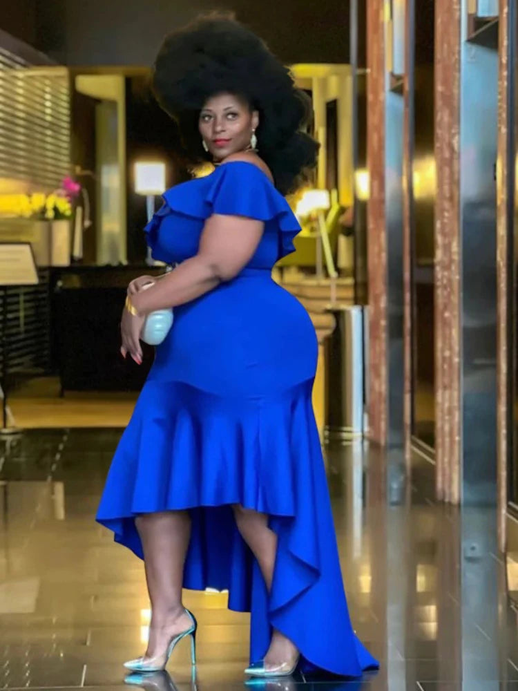 Cold Shoulder Macy Ruffles Dress Plus Size Trim Empire Package Hip Irregular Elegant Ladies Evening Birthday Event Occasion Outfits