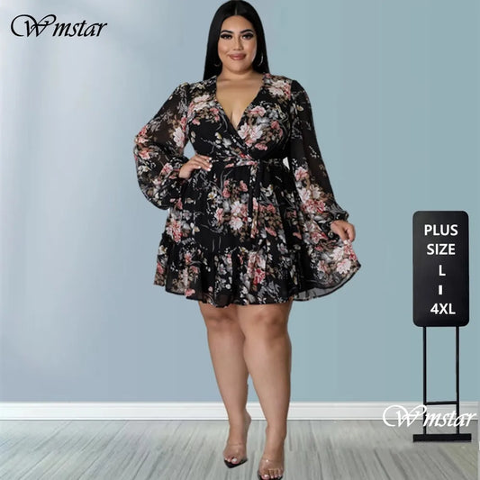 Maxy Dresses Women Plus Size 5xl Sexy Party Flower Print Mini Dress Loose Elegant Casual Outfits