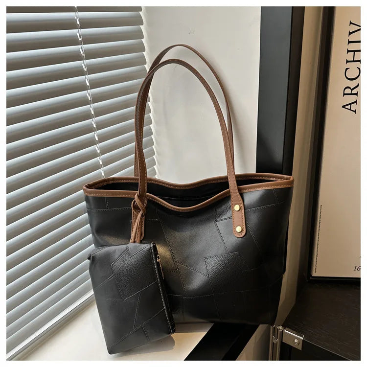 Maxy Vintage Patchwork PU Leather Casual Tote Bags For Women, Large Capacity Shoulder Bag Ladies Handbags And Purses
