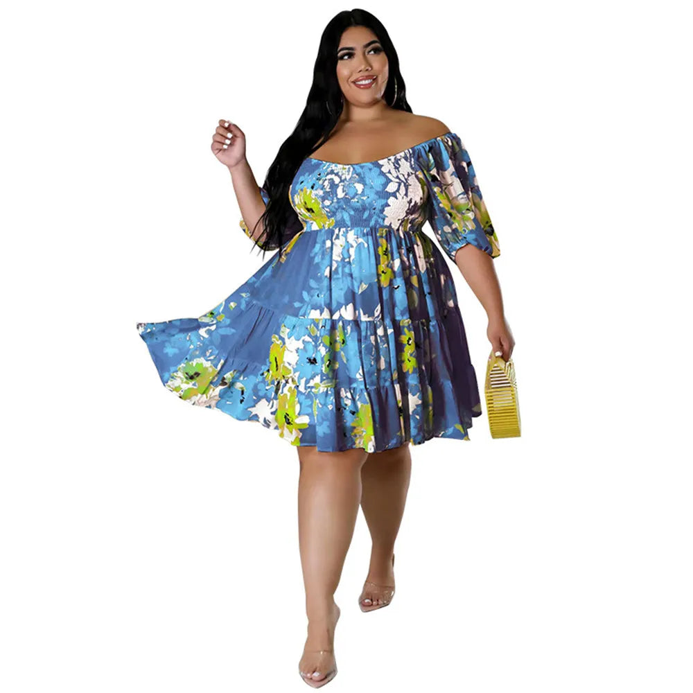 Maxy Plus Size Summer Dresses Women's Clothing Flower Printed One Shoulder Elegant Mini Dress Hot Sale