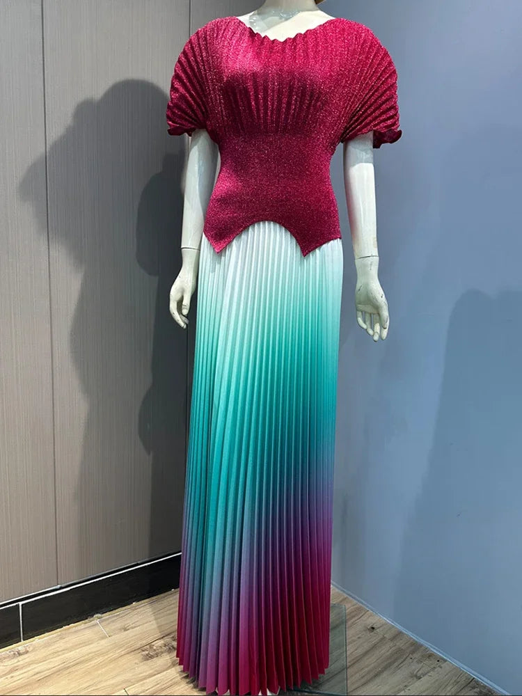 Maxy Pleated 2 Pieces Set Women Fashion V Neck Short Batwing Sleeves Irregular Hem T-shirt&New Gradient A-line Folds Long Skirt