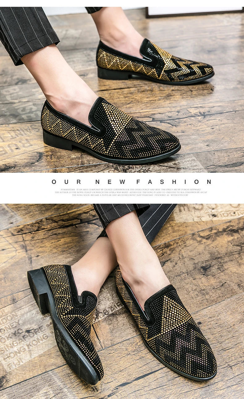 Maxy Fashion Italian handmade rhinestone leather shoes men's casual foot set slip-on leather hair stylist bean shoes fashion