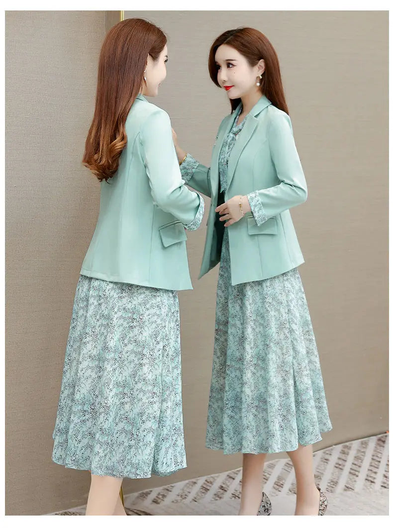 Korean Babs Elegant Suit Jacket Dress Set Women's Autumn New Fashion Blazer Coat Chiffon Floral Dresses Two Piece Female Clothing