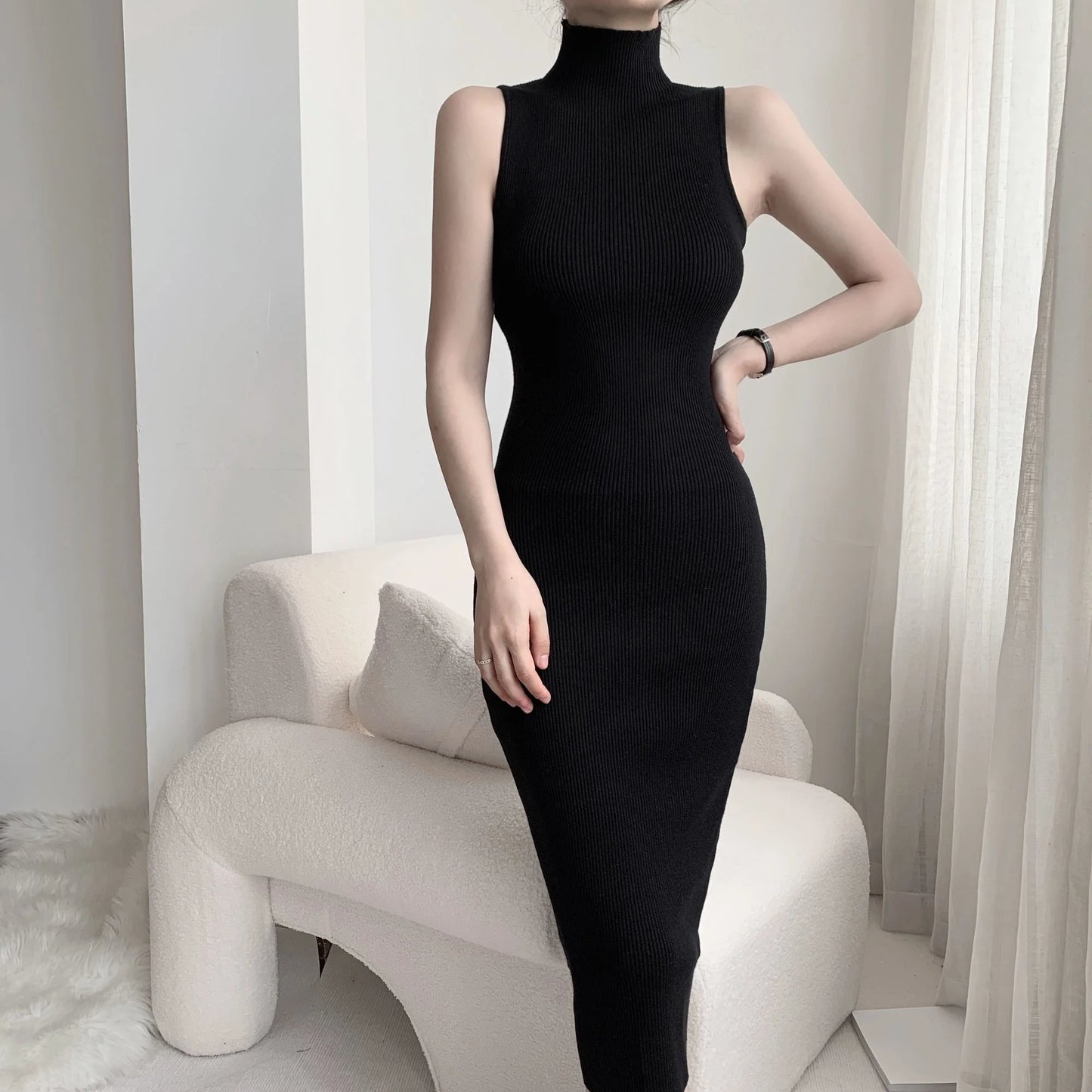 Maxy WOMEN GAGA French Turtleneck Sleeveless Knitted Dress Women Autumn Slim High Waist Mid Length Slim Hip Wrap Dresses Tops DH8G