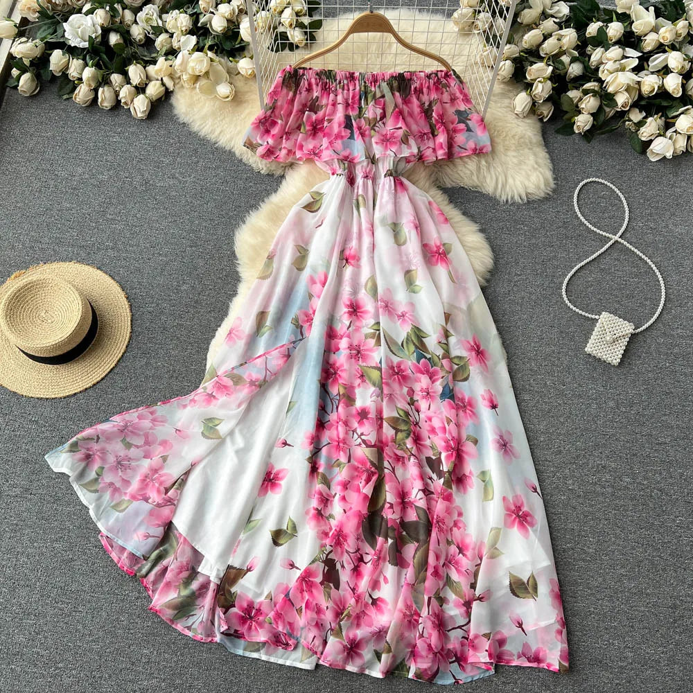 Summer Ruffle Off The Shoulder Chiffon Dress Women Sexy Slim A-line Printed Dresses Ladies Viantage Beach Split Maxi Dress