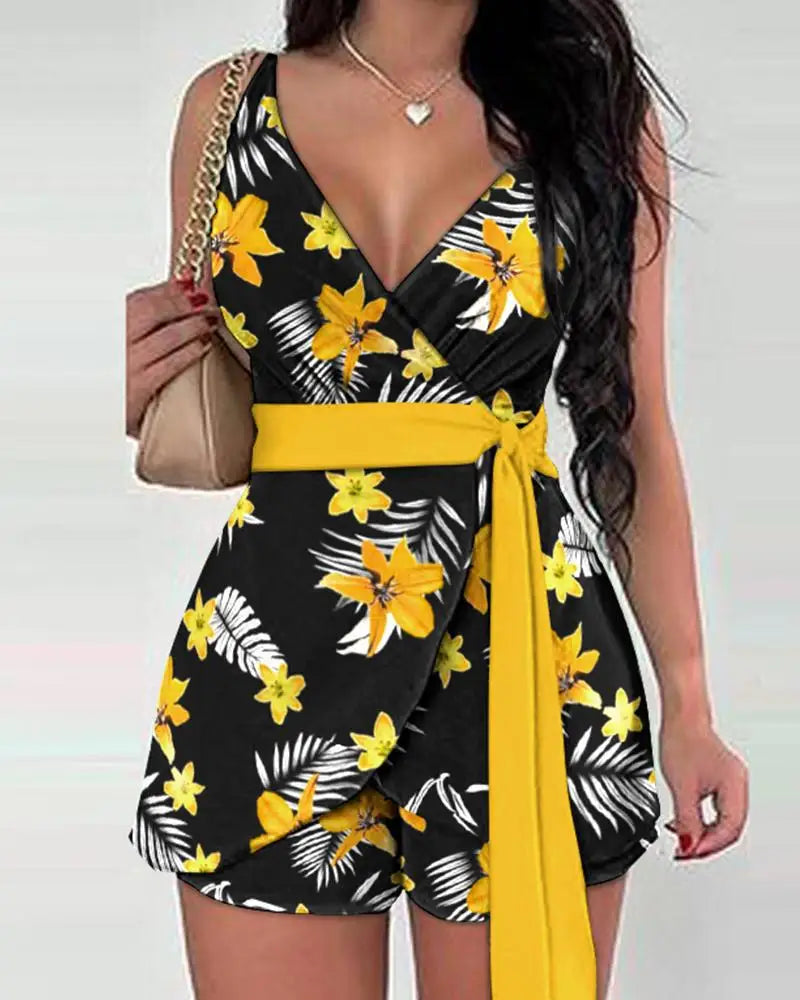 Babs Spring Summer Fashion Floral Slim Casual Two Piece Sets Elegant Women Sexy V-neck Sleeveless Wrap Lace Up Top & Shorts Set