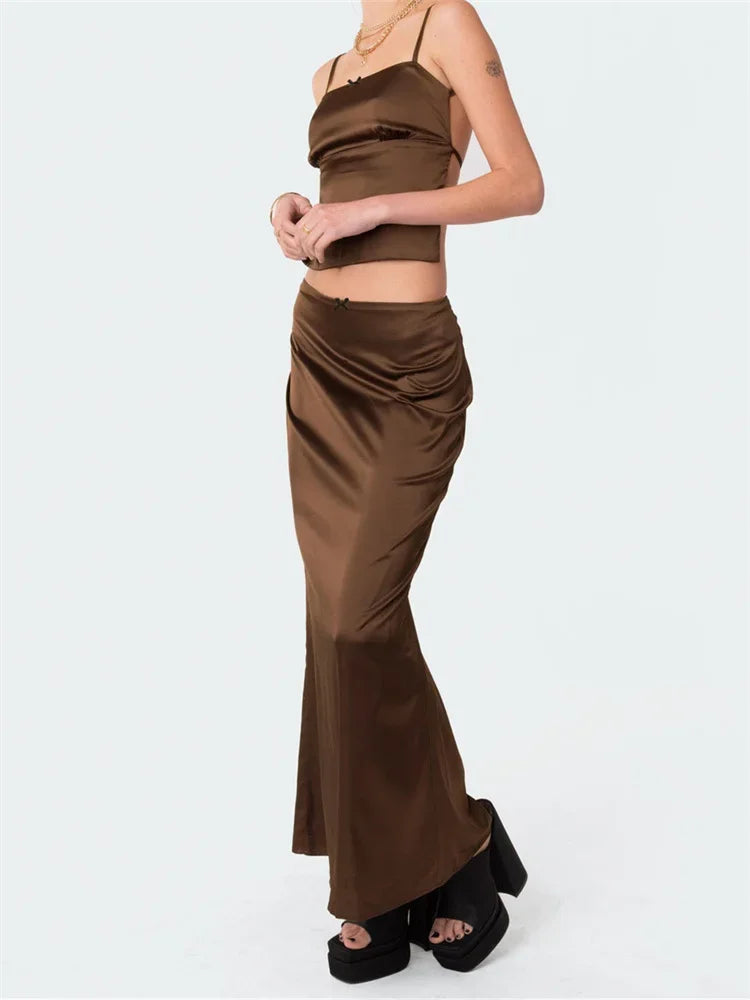 Momsey2 Piece Sets Women Spaghetti Strap Backless Bandage Tops + Long Skirts Outfits Summer Retro Elegant Sexy Club Y2K Streetwear
