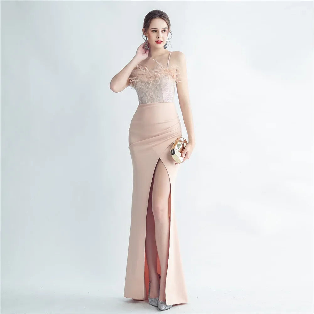 Babs Sequin Sexy Bust Beading With Feather Spaghetti Strap Slit Long Mermaid Party Night Dresses