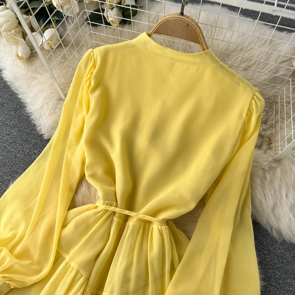 Maxy Spring Autumn Women Purple/Yellow/Blue Draped Chiffon Midi Dress Elegant Stand Collar Single Breasted Lantern Sleeve dress