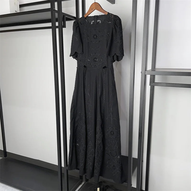 Momsey 2024 Spring Summer Women Dress Embroidery Hollow out White or Black Short Sleeve Female O-neck Midi Robe