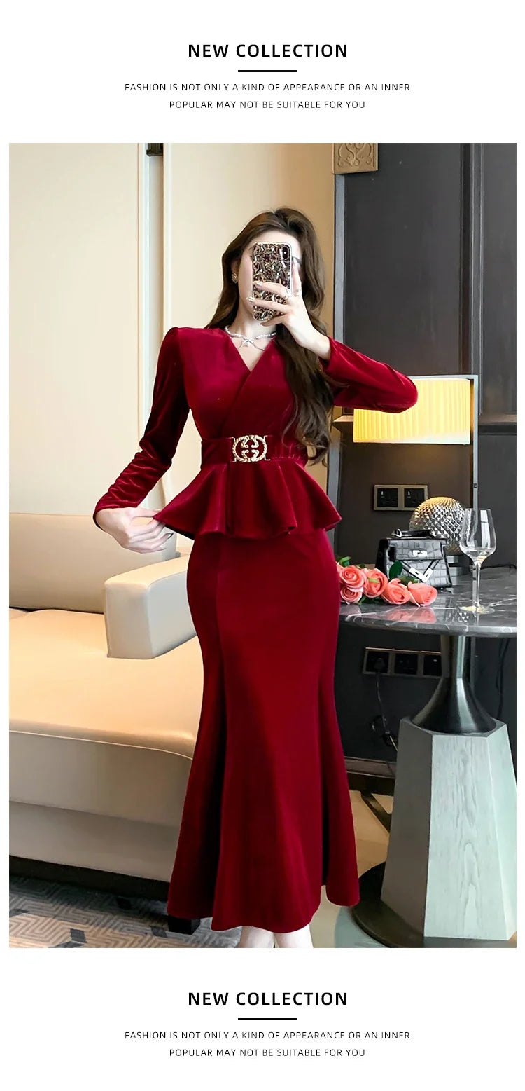 Babs Winter Red Velvet Chic Ruffled Bandage Long Dress Women Elegant Luxury Festival Dress Gown Korean Elegant Prom Dress