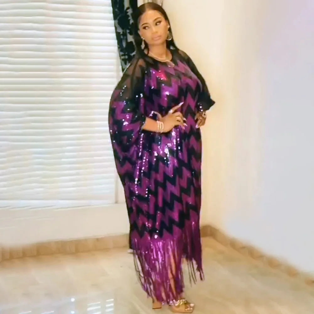 Maxy American Dresses for Women Plus Size Africa Clothes Dashiki Ankara Sequin Outfit Gown Kaftan Muslim Wedding Party Long Dress