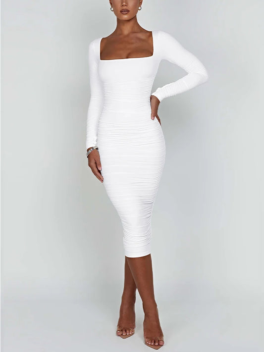 Maxy Autumn and Winter Women Sexy Bodycon Dress Square Neck Long Sleeved Ladies Evening Dresses