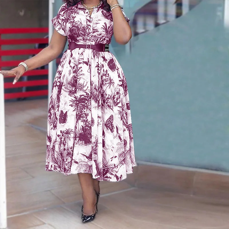 Amay Women Elegant Printed Party Dress Turn Down Collar Short Sleeve Pleated A-Line With Belt African Office Work Wear Plus Size 5XL