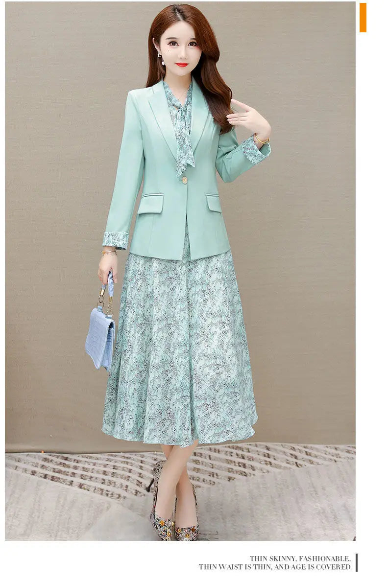 Korean Babs Elegant Suit Jacket Dress Set Women's Autumn New Fashion Blazer Coat Chiffon Floral Dresses Two Piece Female Clothing