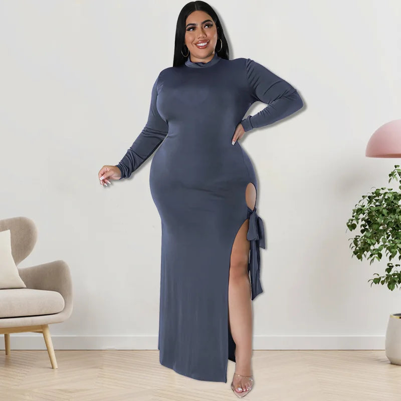 Maxy Plus Size Fall Clothing Women Long Sleeve Fashion High Slit Split Sexy Hollow Out Long Maxy Dress